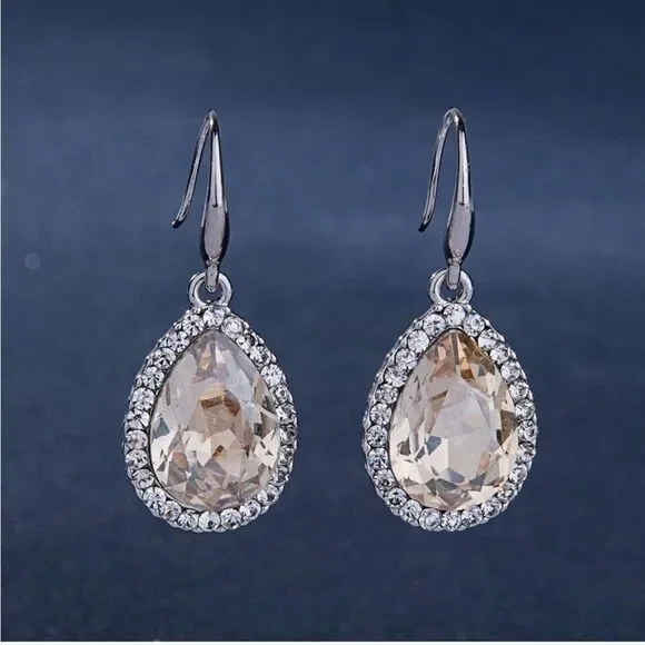 14K White Gold with Champagne Topaz Austrian Crystal Teardrop Halo Hook Earrings